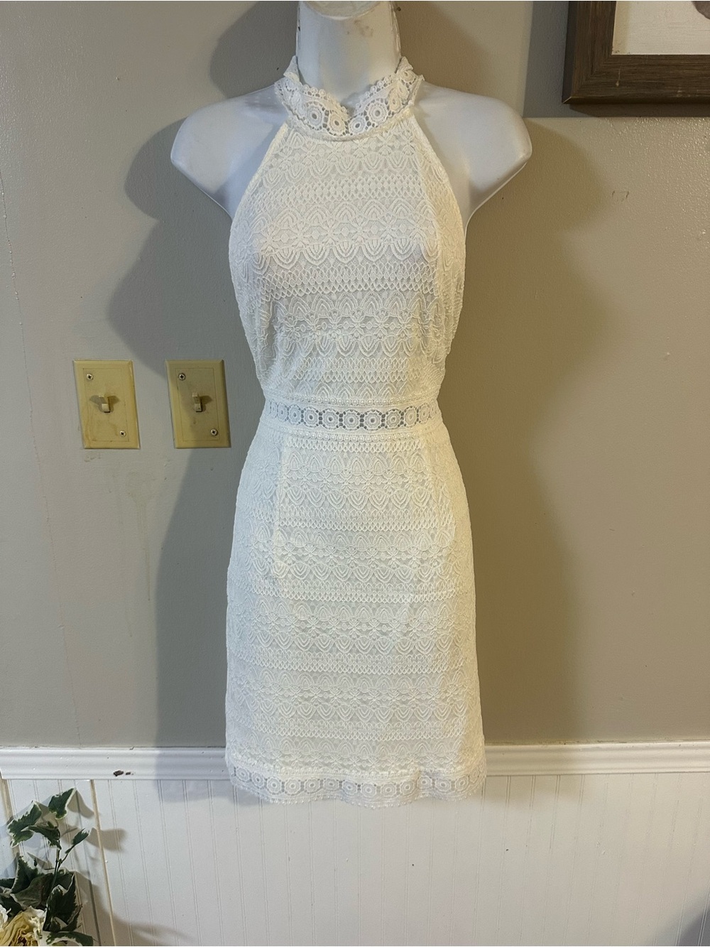 SHEIN Ivory Lace Halter Mini Dress